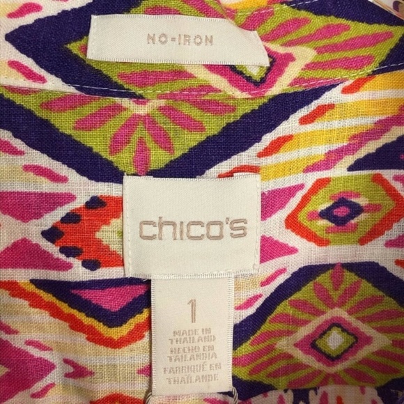 CHICOS Effortless No-Iron Ikat Linen Button Back Shirt - Picture 8 of 11